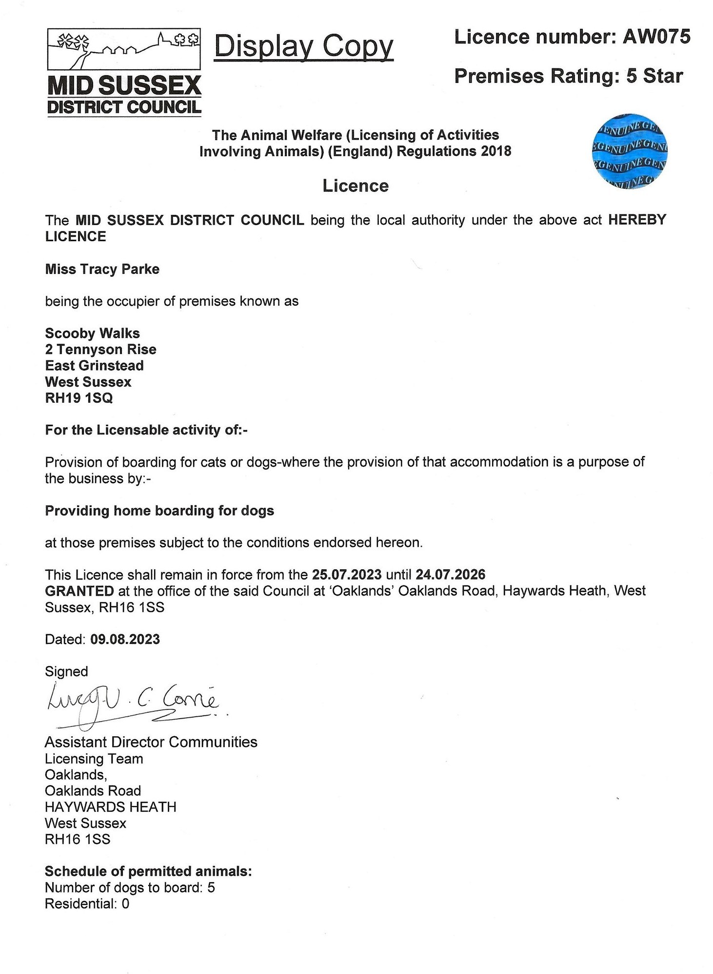 Mid Sussex District Council boarding and daycare licence for Scooby Walks